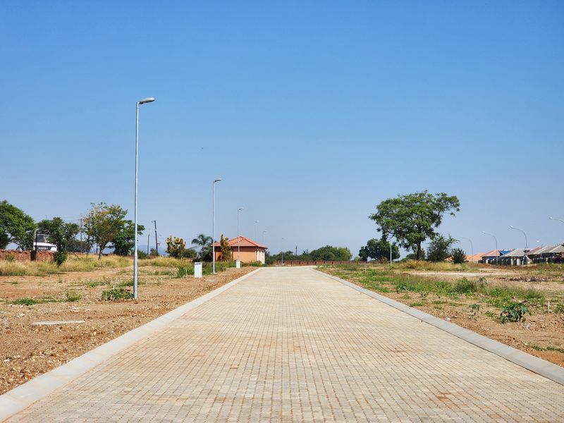 A clear view of a paved residential street within a developing estate, featuring installed street lighting and established kerbing.