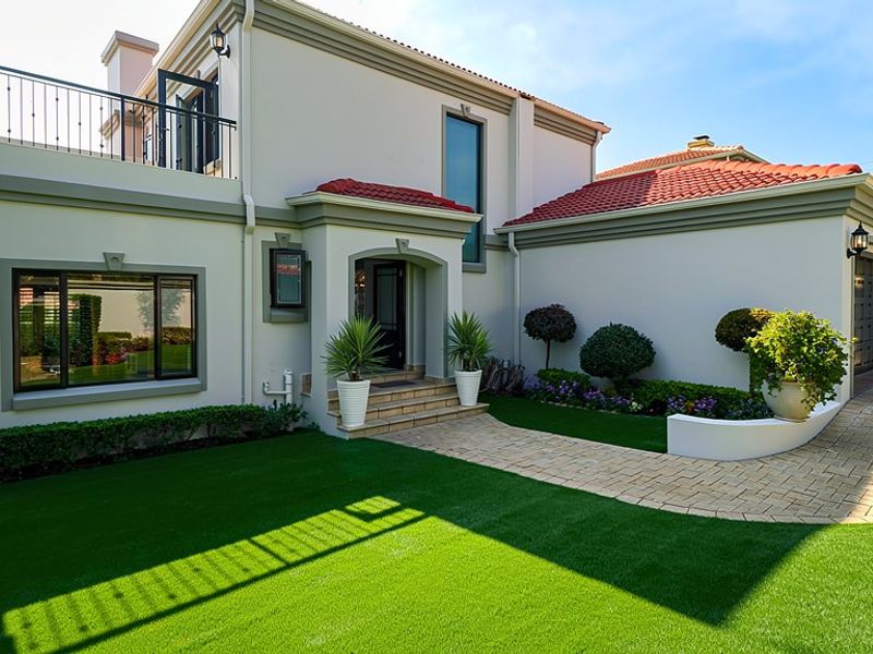A well-maintained double-story cluster home featuring a paved driveway, landscaped front garden, and an upper-level balcony with wrought iron railings.