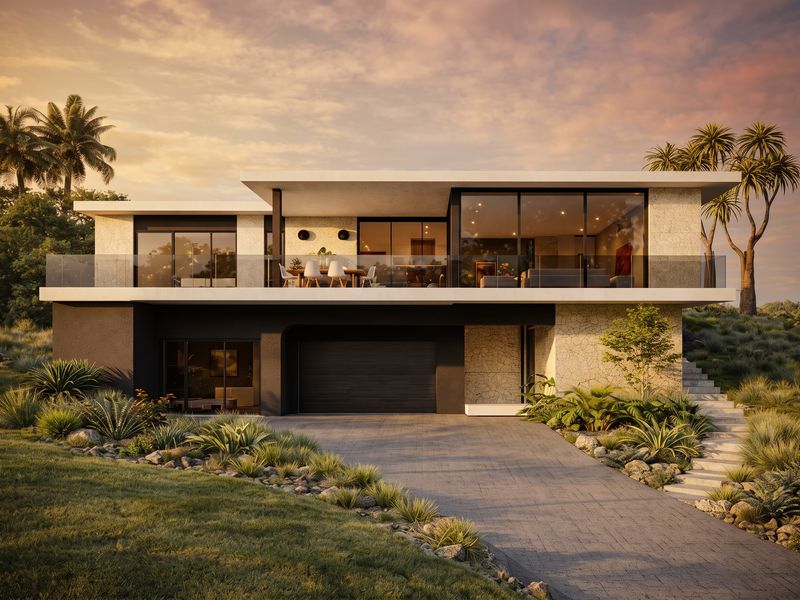 Modern luxury multi-level residence featuring stone cladding, a spacious covered balcony with glass balustrades, and an integrated garage with a paved driveway.