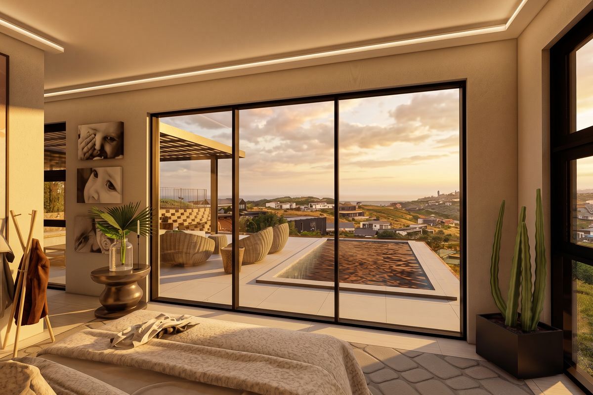 Modern bedroom featuring large sliding glass doors that open onto a private patio with a pool and scenic coastal views.
