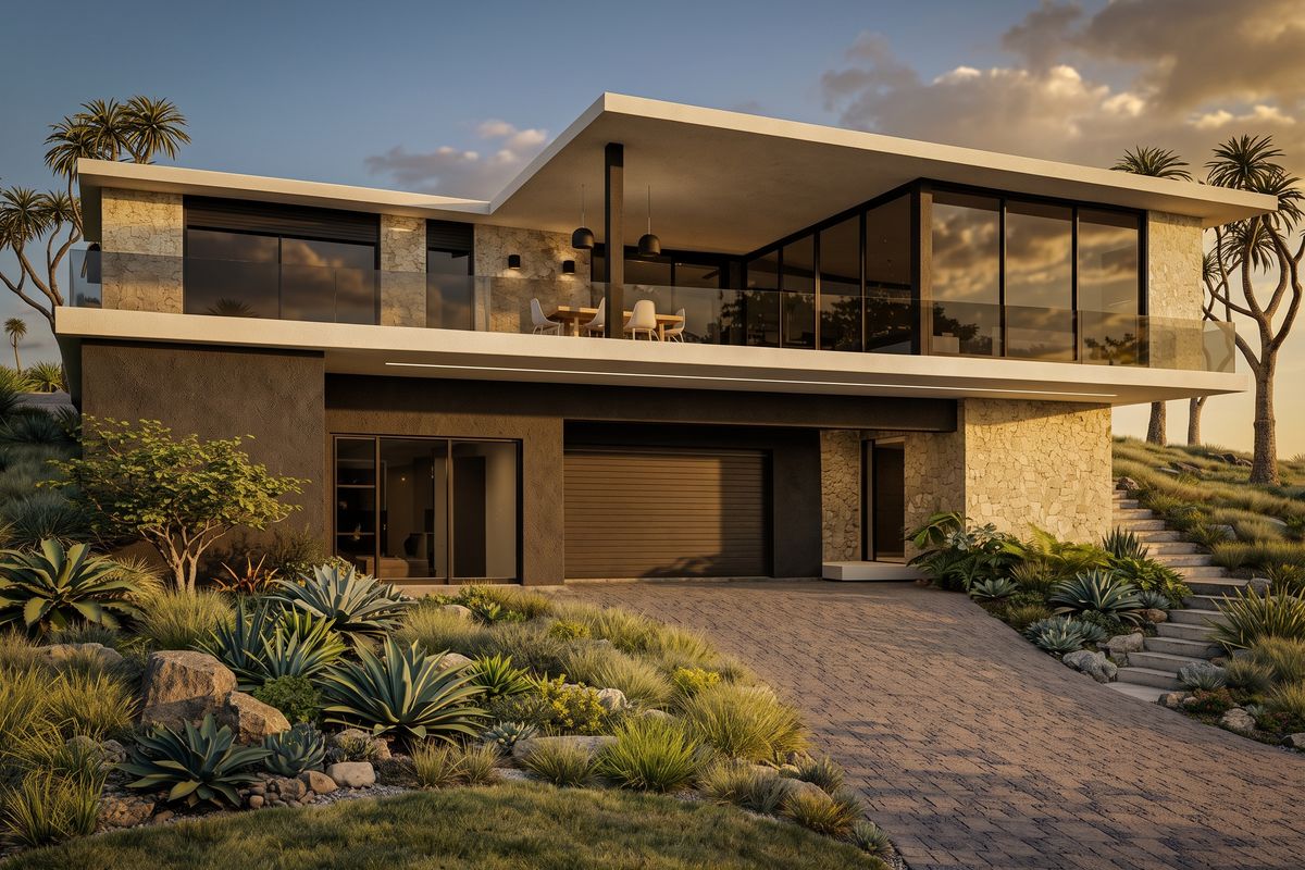 Modern luxury multi-level residence featuring stone cladding, expansive glass windows, a spacious covered balcony, and a paved driveway with landscaped surroundings.