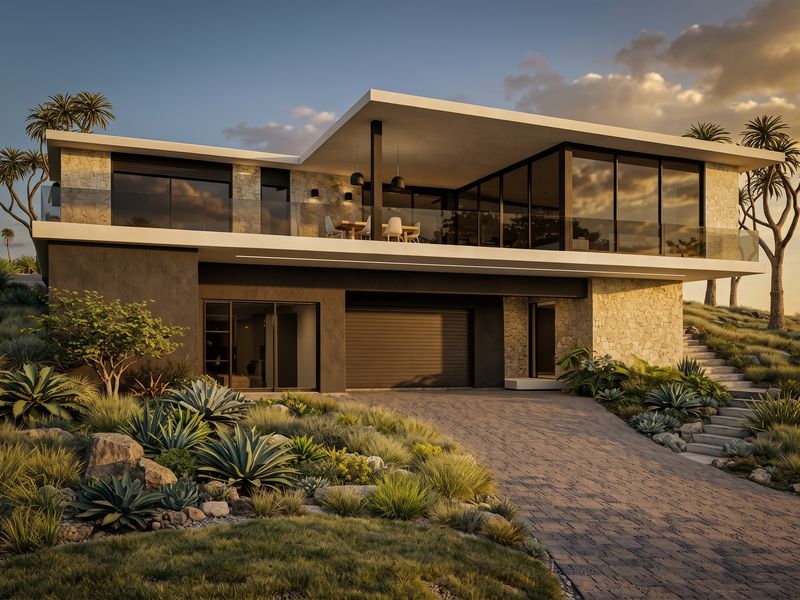 Modern luxury multi-level residence featuring stone cladding, expansive glass windows, a spacious covered balcony, and a paved driveway with landscaped surroundings.