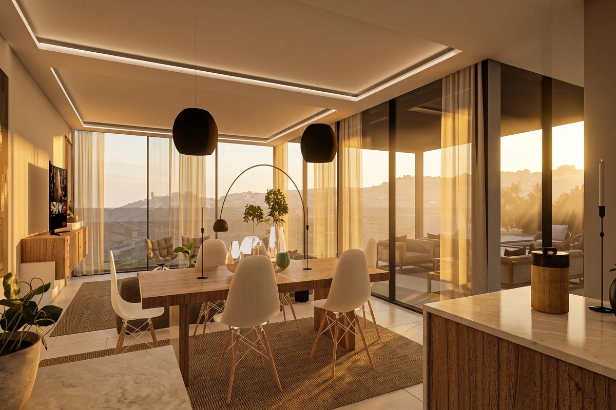 Modern open-plan living and dining area featuring floor-to-ceiling glass walls, recessed lighting, and high-end finishes with expansive views.