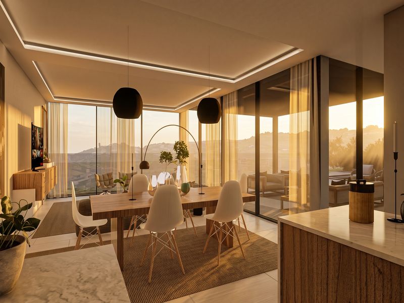 Modern open-plan living and dining area featuring floor-to-ceiling glass walls, recessed lighting, and high-end finishes with expansive views.