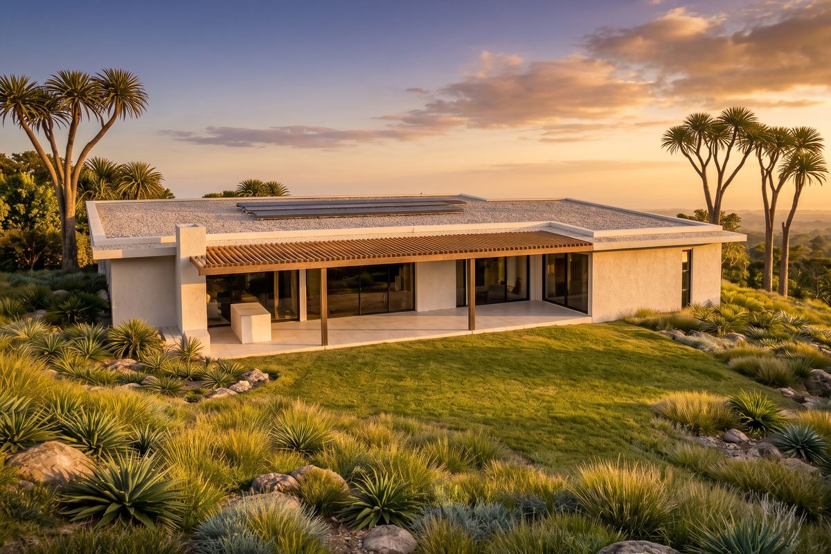 A modern single-story residence featuring a spacious tiled patio, pergola, and integrated solar panels, set within a beautifully landscaped garden at sunset.