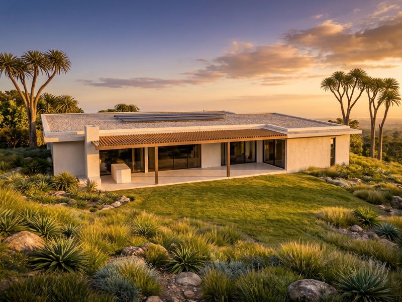 A modern single-story residence featuring a spacious tiled patio, pergola, and integrated solar panels, set within a beautifully landscaped garden at sunset.