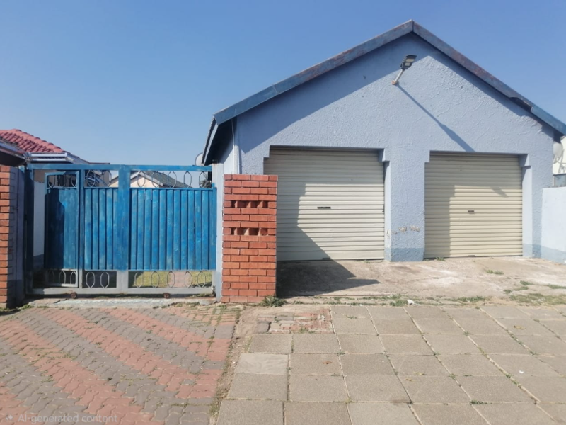 Front view of a property featuring a double garage with roller shutter doors, a metal entrance gate, and a paved driveway.