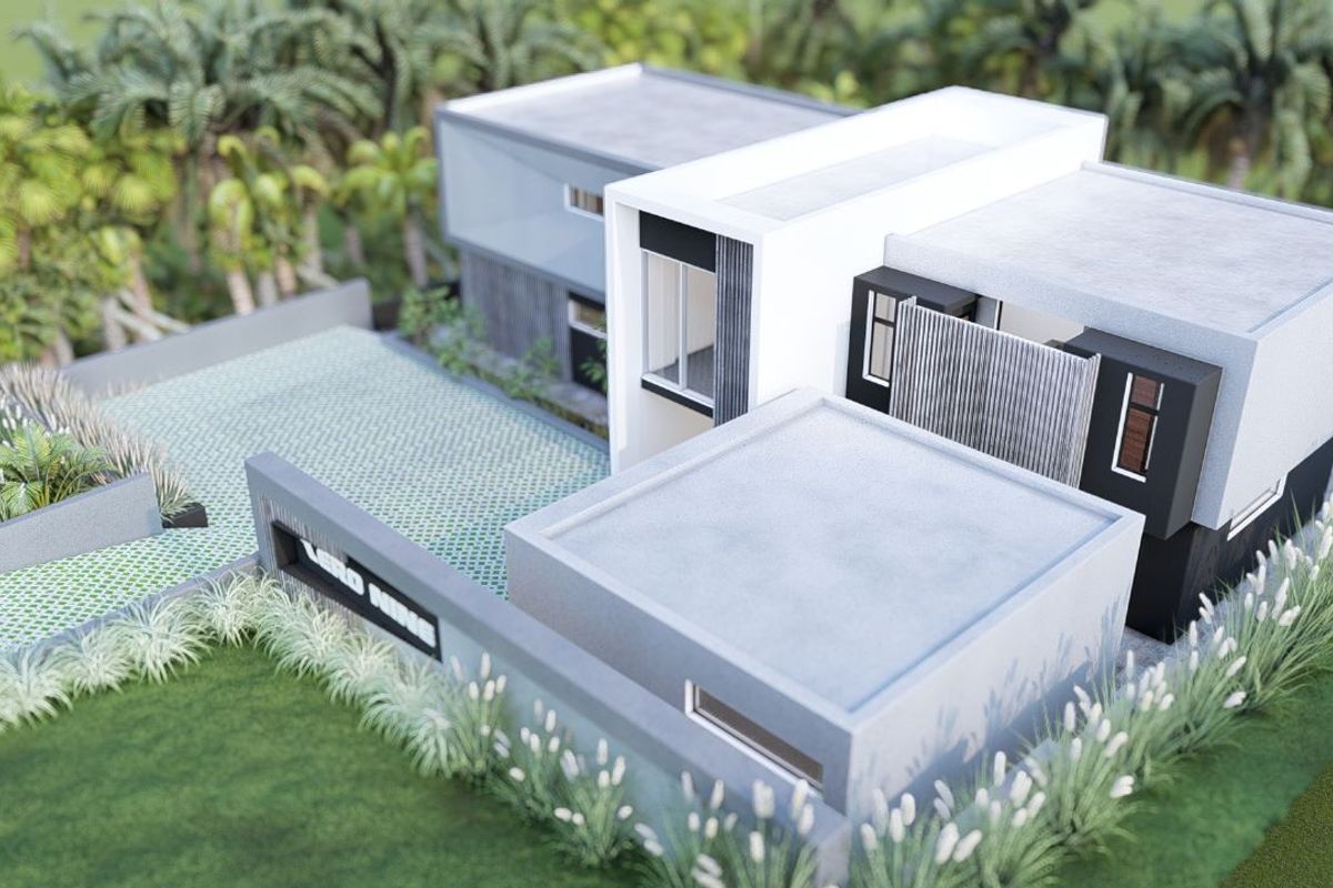An aerial view of a modern residential property design featuring a flat roof, clean architectural lines, a paved driveway, and landscaped garden areas.