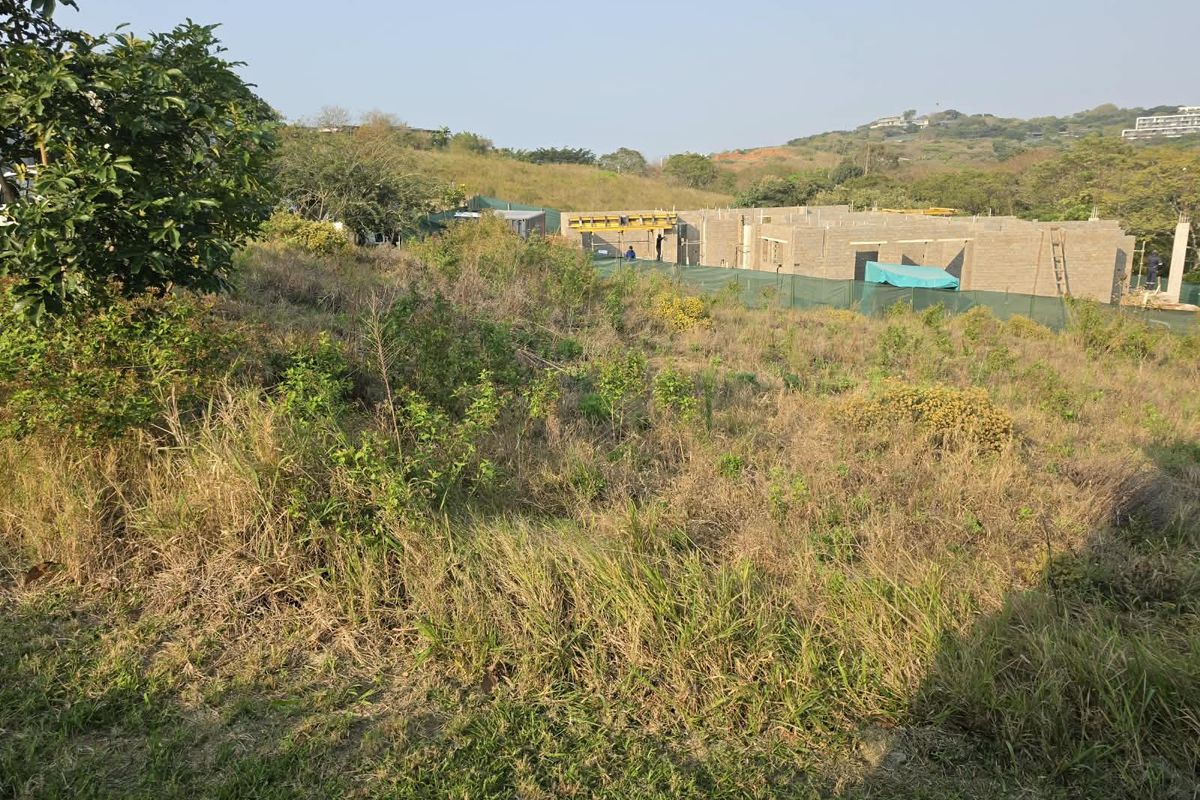 A view of a vacant residential plot featuring natural vegetation and ongoing construction of concrete block walls in the background.