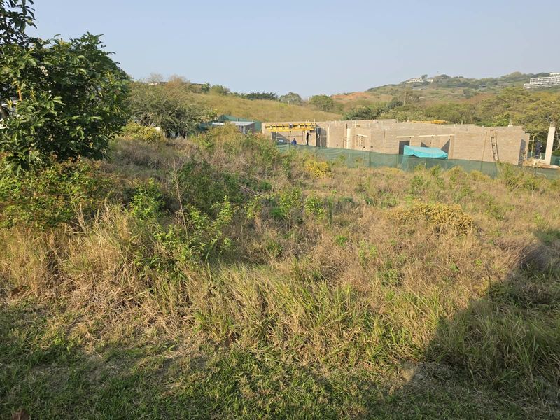 A view of a vacant residential plot featuring natural vegetation and ongoing construction of concrete block walls in the background.