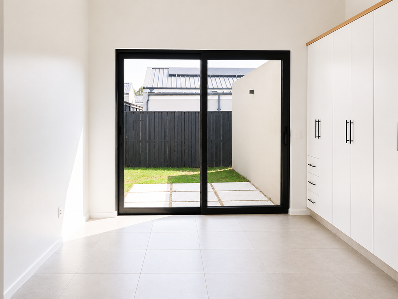 Bright, modern living space featuring sleek built-in cabinetry, large sliding glass doors, and neutral tiled flooring, opening onto a private rear courtyard.