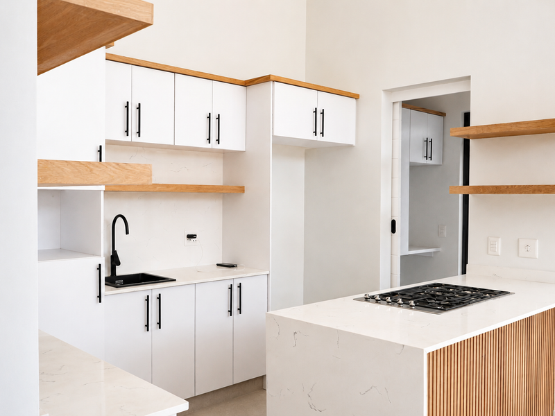 Modern kitchen featuring white cabinetry, stone countertops, floating timber shelving, and a central island with a built-in gas hob.