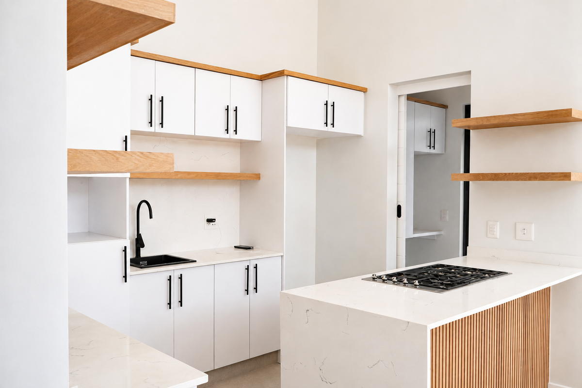Modern kitchen featuring white cabinetry, stone countertops, floating timber shelving, and a central island with a built-in gas hob.