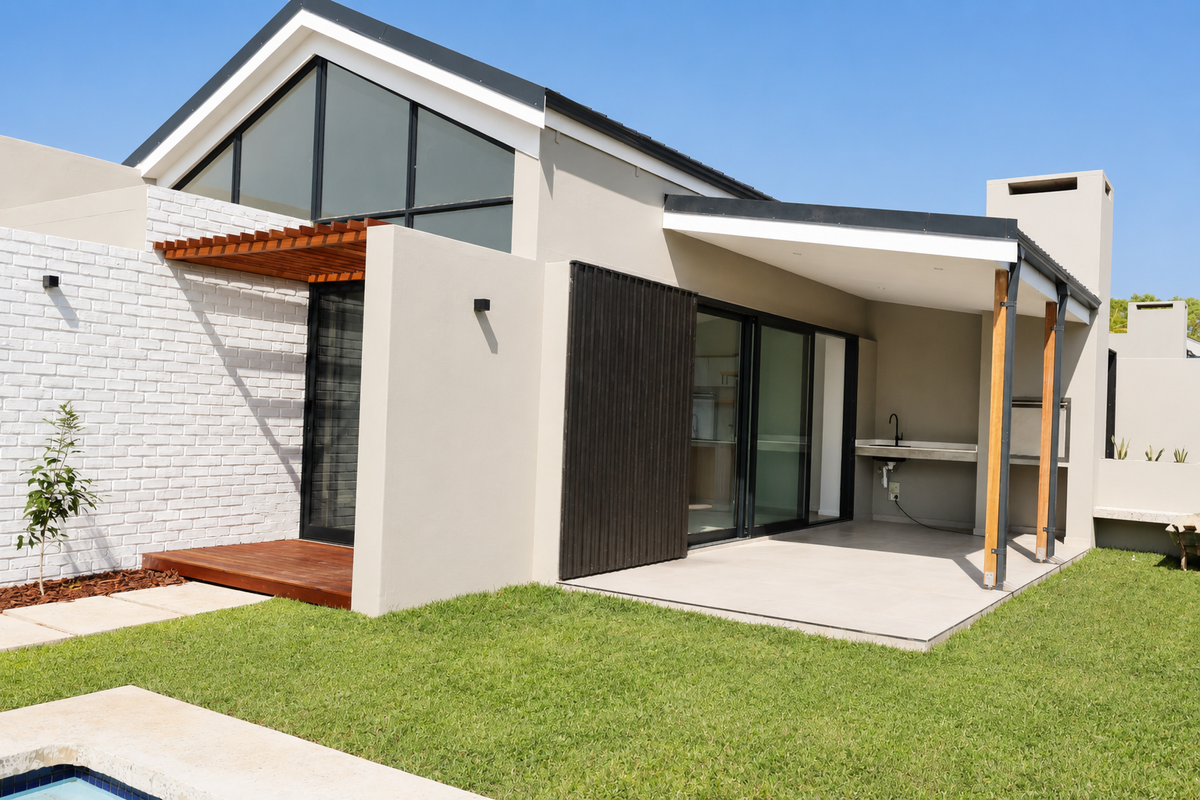 Modern rear exterior featuring a covered patio with built-in braai, outdoor sink, timber decking, and large sliding glass doors overlooking the garden.