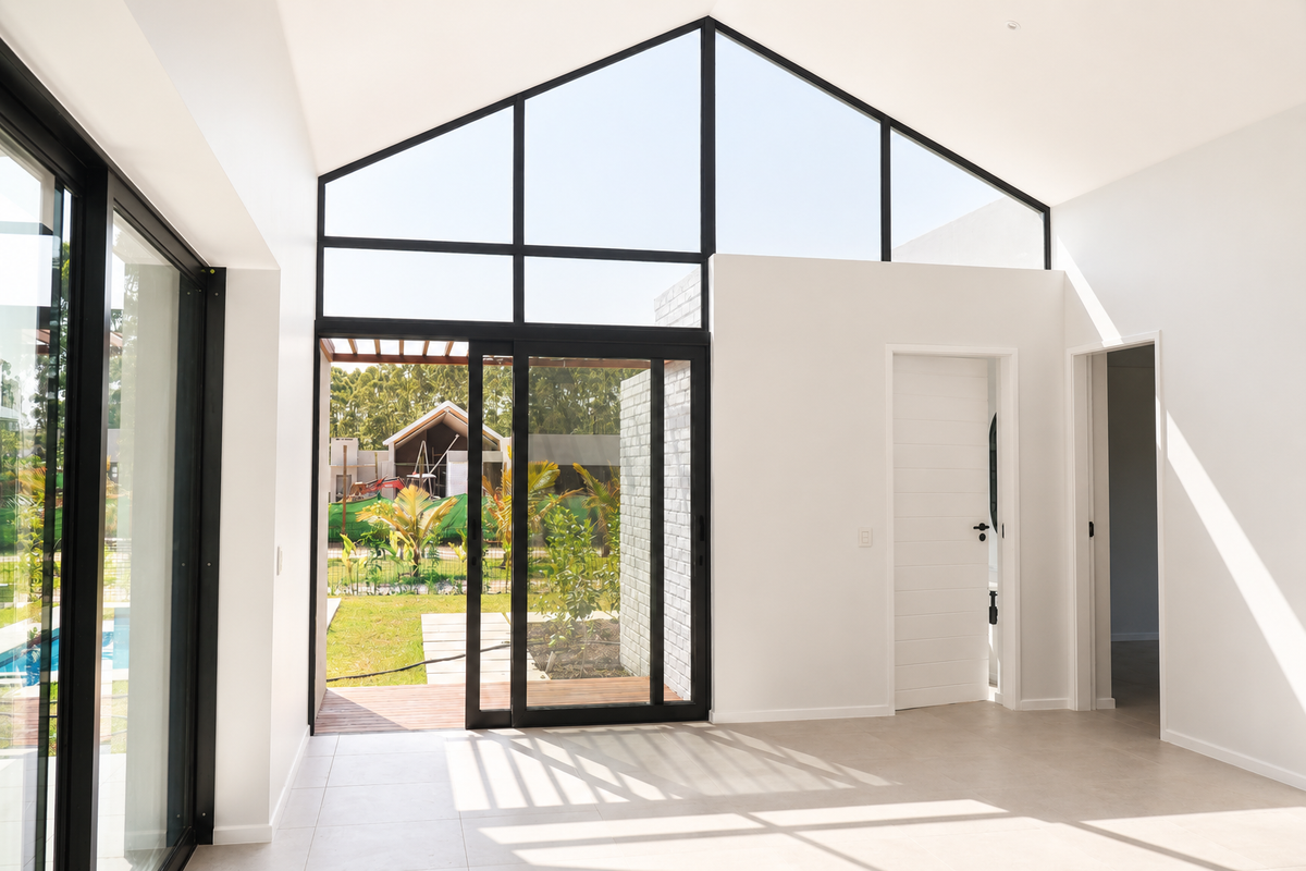 Bright and spacious living area featuring a high vaulted ceiling, large black-framed windows, and direct access to the outdoor patio and garden.