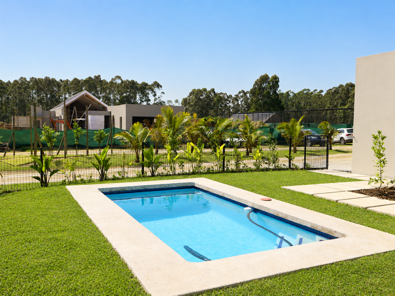 A well-maintained rectangular swimming pool set within a landscaped garden, featuring stone coping and a surrounding lawn area.