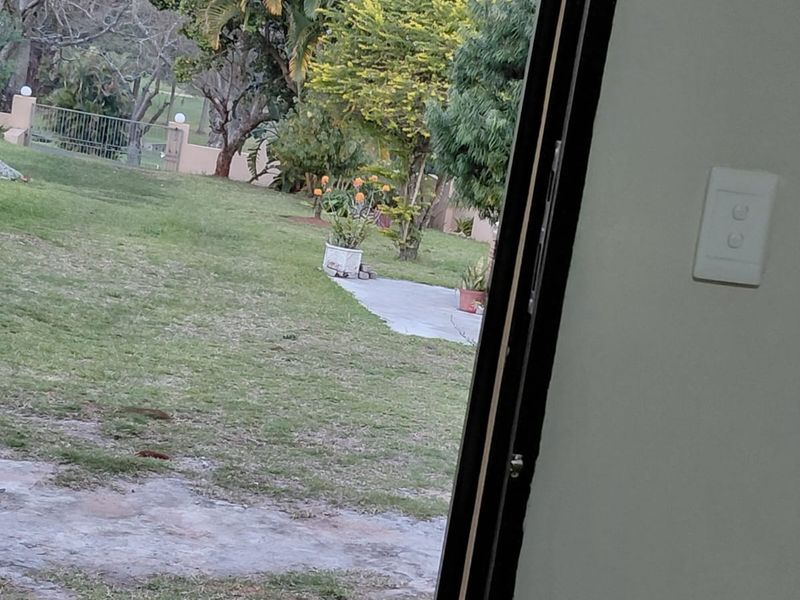 View from an interior doorway looking out onto a private garden area with established trees and lawn.