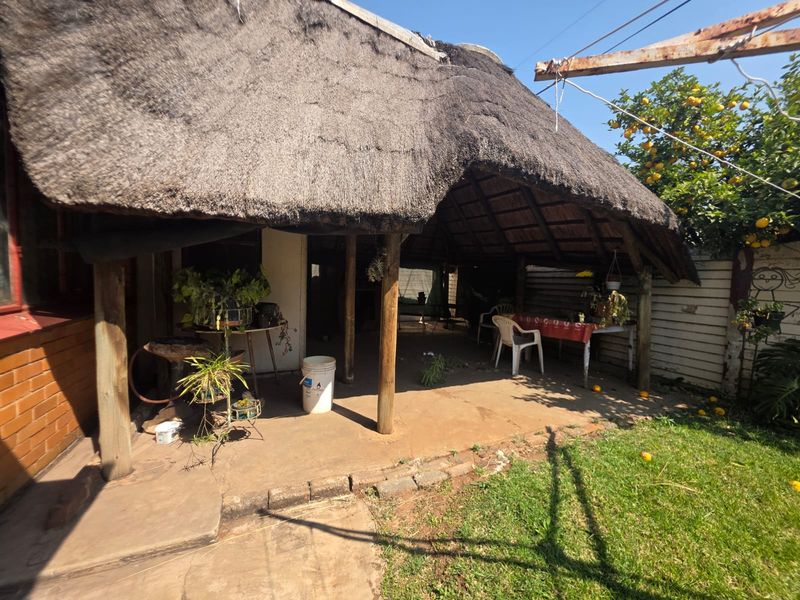 A covered outdoor patio area featuring a traditional thatch roof and timber support posts, providing a rustic space for outdoor relaxation.