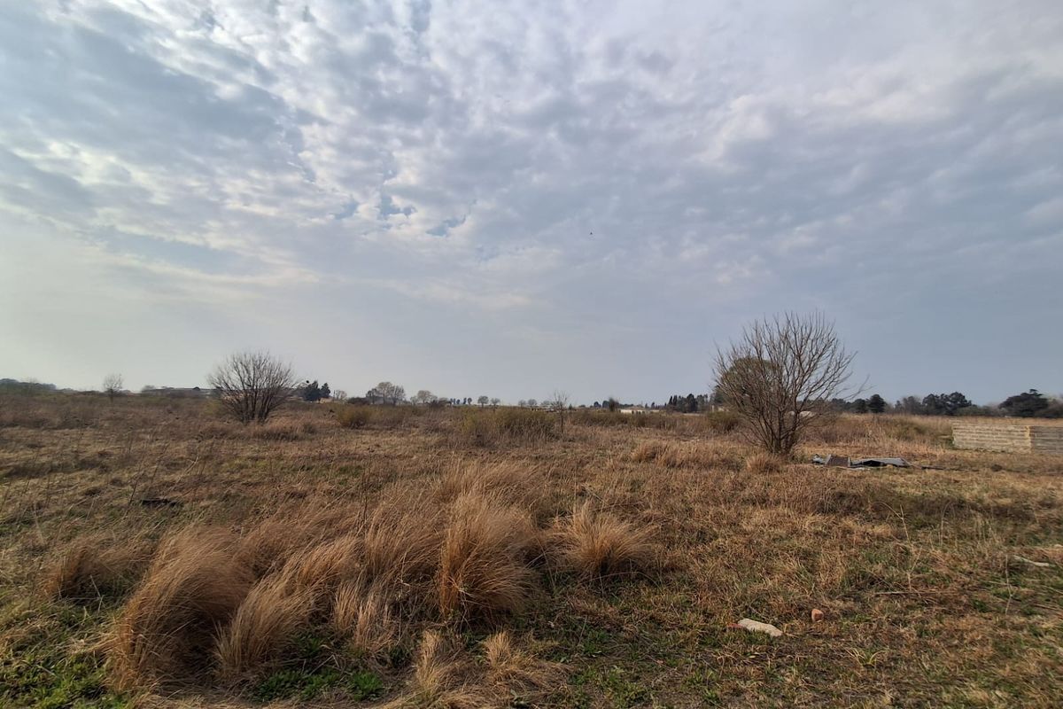 A wide-angle view of a vacant residential plot featuring natural dry grass and sparse vegetation under a cloudy sky.
