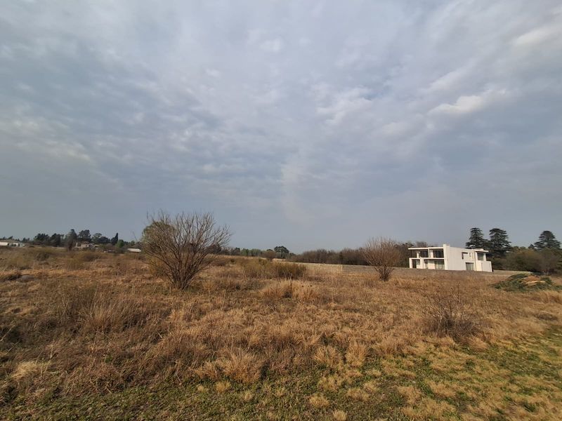 A wide-angle view of a vacant residential plot featuring dry grass, natural vegetation, and a boundary wall with a neighboring property in the distance.