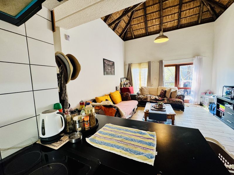 Open-plan living area featuring a high thatched ceiling with exposed rafters, tiled flooring, and a functional kitchen space with direct access to the outdoors.