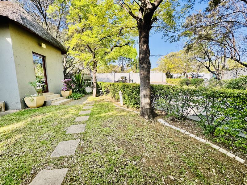 A well-maintained garden area featuring a stone pathway, mature trees, and a view of the property's exterior with a traditional thatch roof.