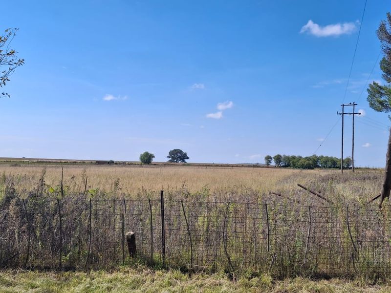 A wide-angle view of the open farm landscape featuring wire fencing and utility infrastructure under a clear blue sky.