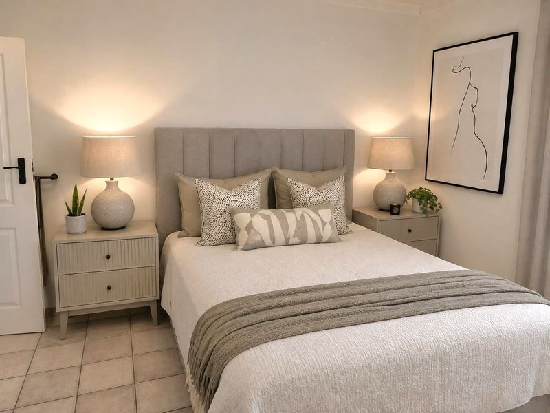 A well-presented bedroom featuring neutral tones, tiled flooring, and a clean, modern aesthetic.
