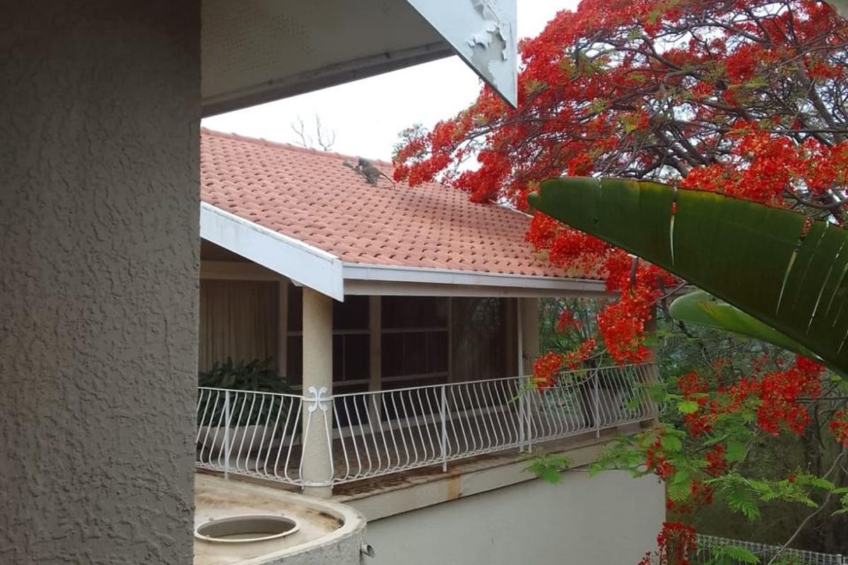 Rear view of the property featuring a balcony with metal balustrade, terracotta roof tiles, and mature flowering trees in the garden.