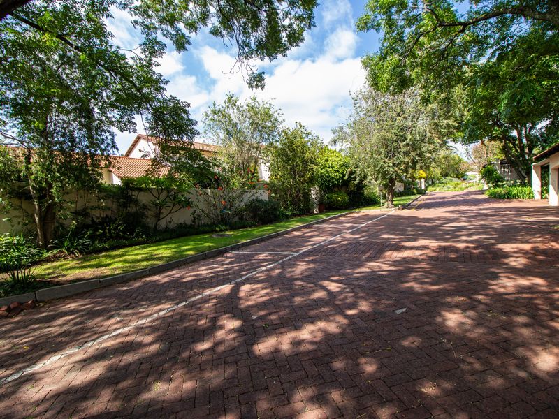 A view of the paved driveway and landscaped garden area within the townhouse complex, featuring mature trees and established boundary walls.