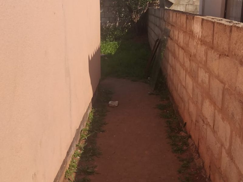 A narrow side passage between the house exterior and a concrete block boundary wall, featuring an unpaved earth pathway.