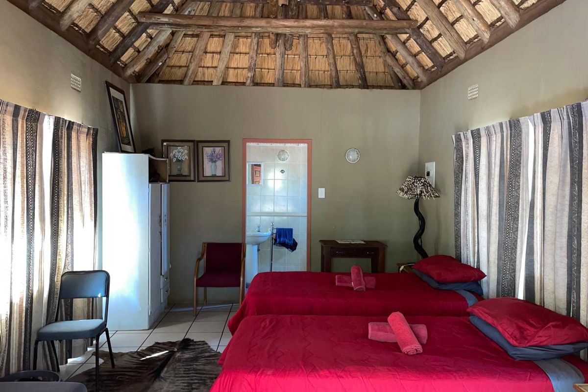 A rustic bedroom featuring an exposed timber thatch roof and an attached en-suite bathroom with a pedestal basin.