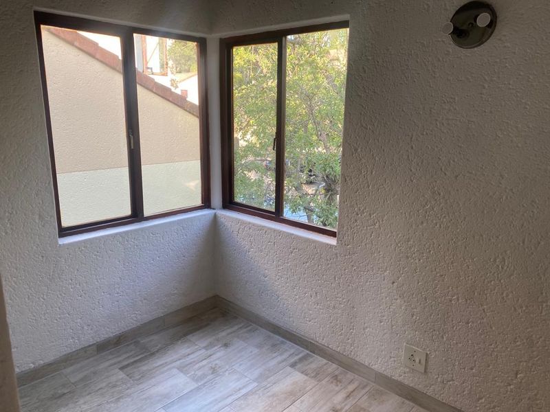 A bright, empty corner room featuring wood-look tile flooring, textured walls, and large windows providing natural light and a view of the surrounding greenery.