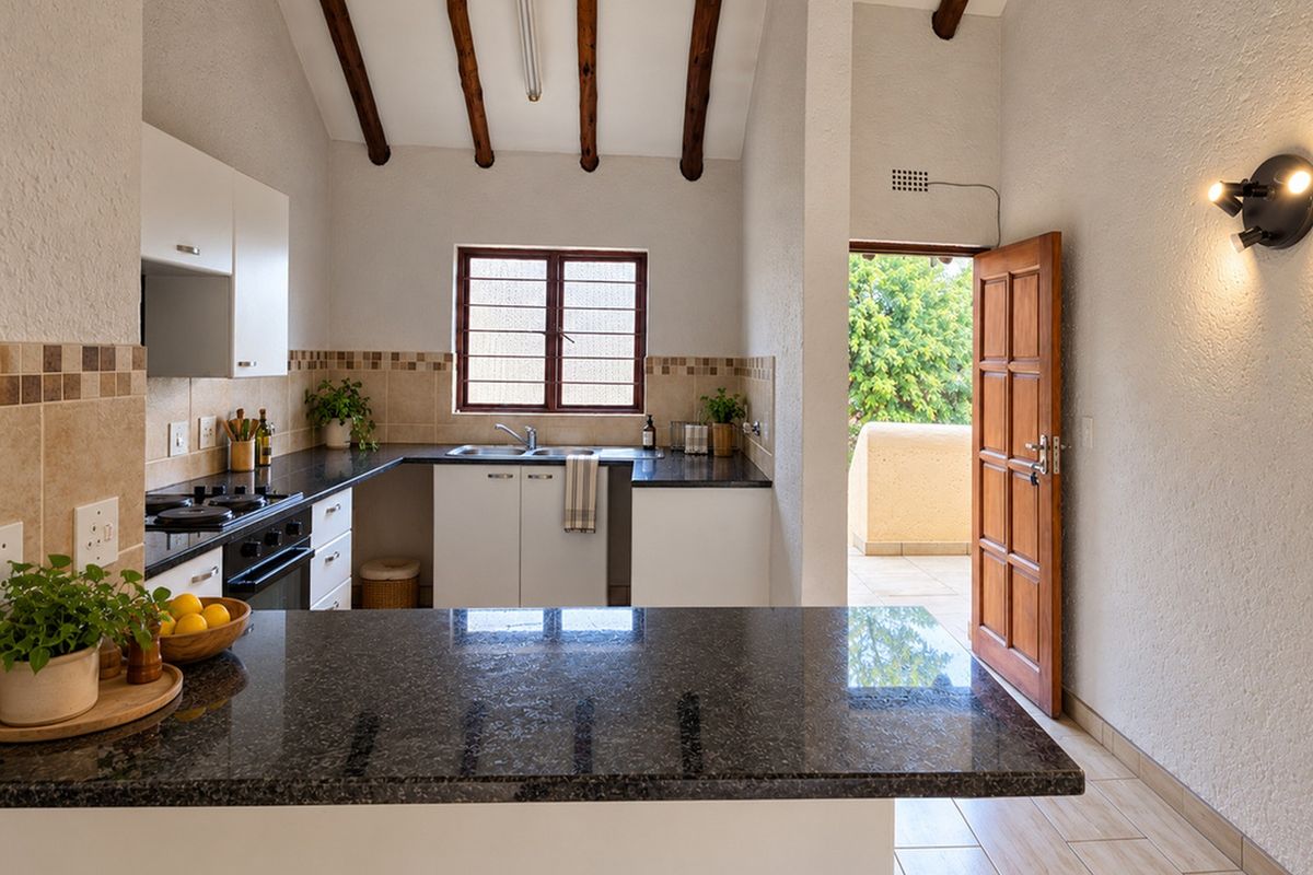 A well-lit kitchen featuring granite countertops, built-in oven, gas hob, and exposed timber ceiling beams, with direct access to an outdoor patio area.
