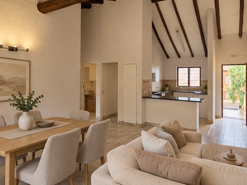 Spacious open-plan living and dining area featuring high vaulted ceilings with exposed timber beams, tiled flooring, and a functional kitchen with granite countertops.