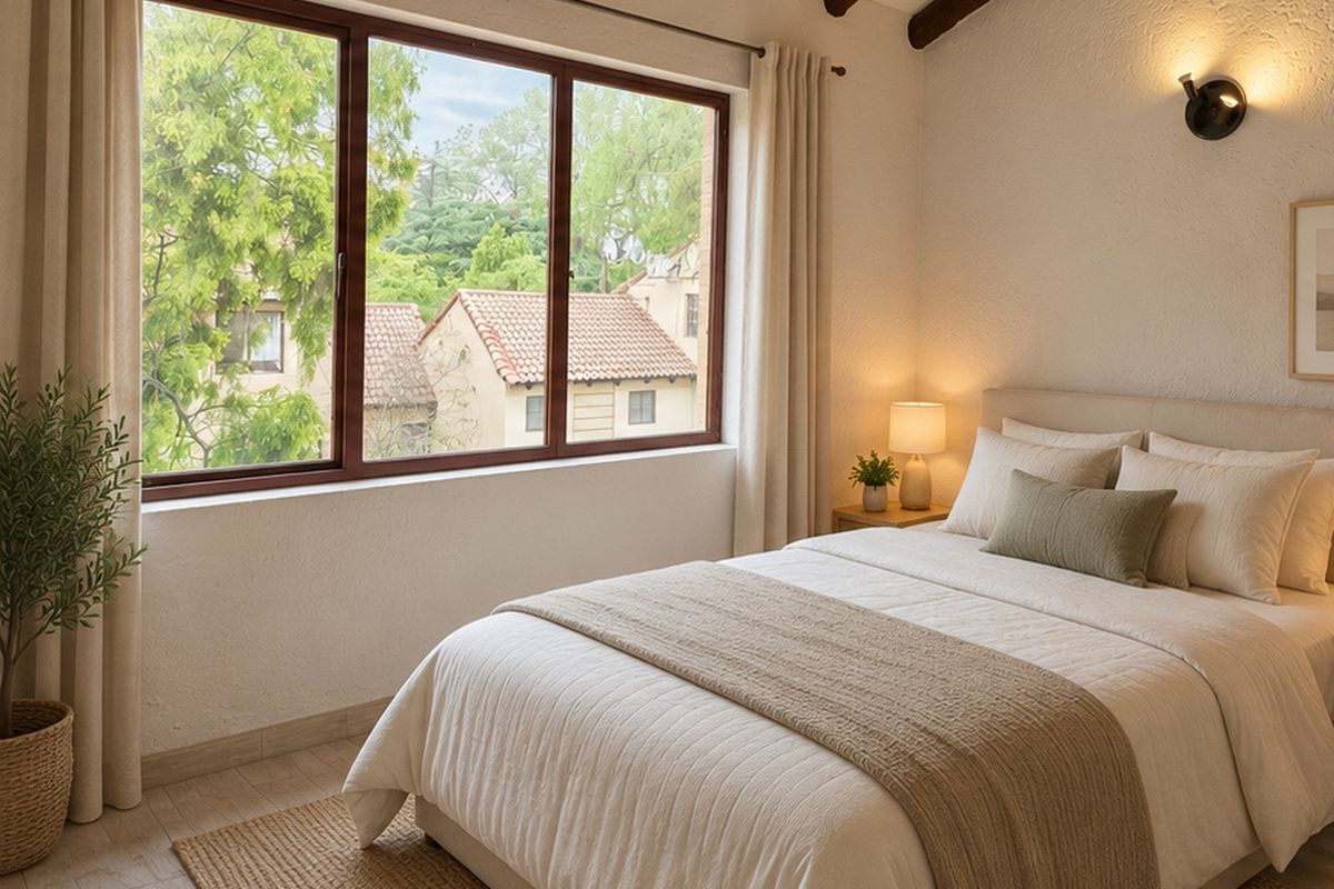A well-lit bedroom featuring exposed timber ceiling beams, textured walls, and a large window providing natural light and pleasant exterior views.