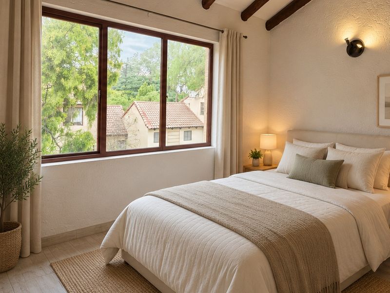 A well-lit bedroom featuring exposed timber ceiling beams, textured walls, and a large window providing natural light and pleasant exterior views.