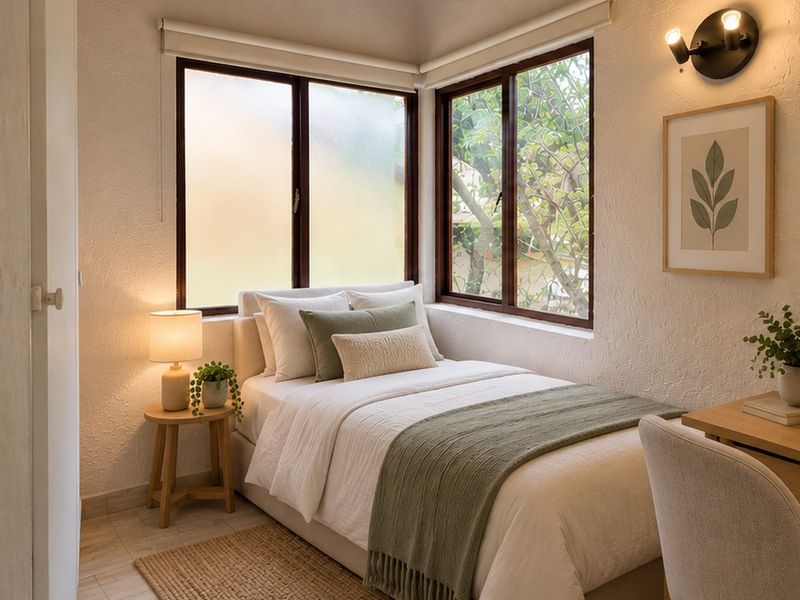 A cozy bedroom featuring corner windows with natural light, textured walls, and a modern wall-mounted light fixture.
