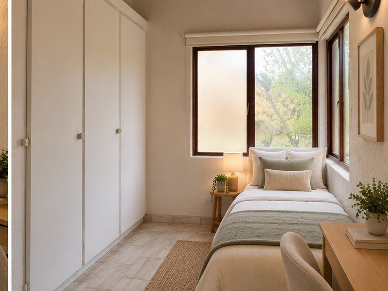 A cozy bedroom featuring built-in cupboards, tiled flooring, and timber-framed windows that provide natural light.
