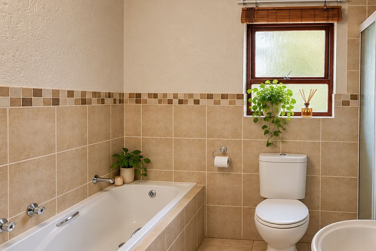 A functional bathroom featuring a built-in bathtub, tiled walls with decorative border, a toilet, and a shower enclosure with a window for natural light.