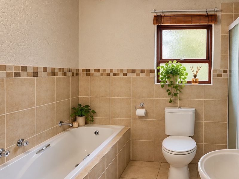 A functional bathroom featuring a built-in bathtub, tiled walls with decorative border, a toilet, and a shower enclosure with a window for natural light.