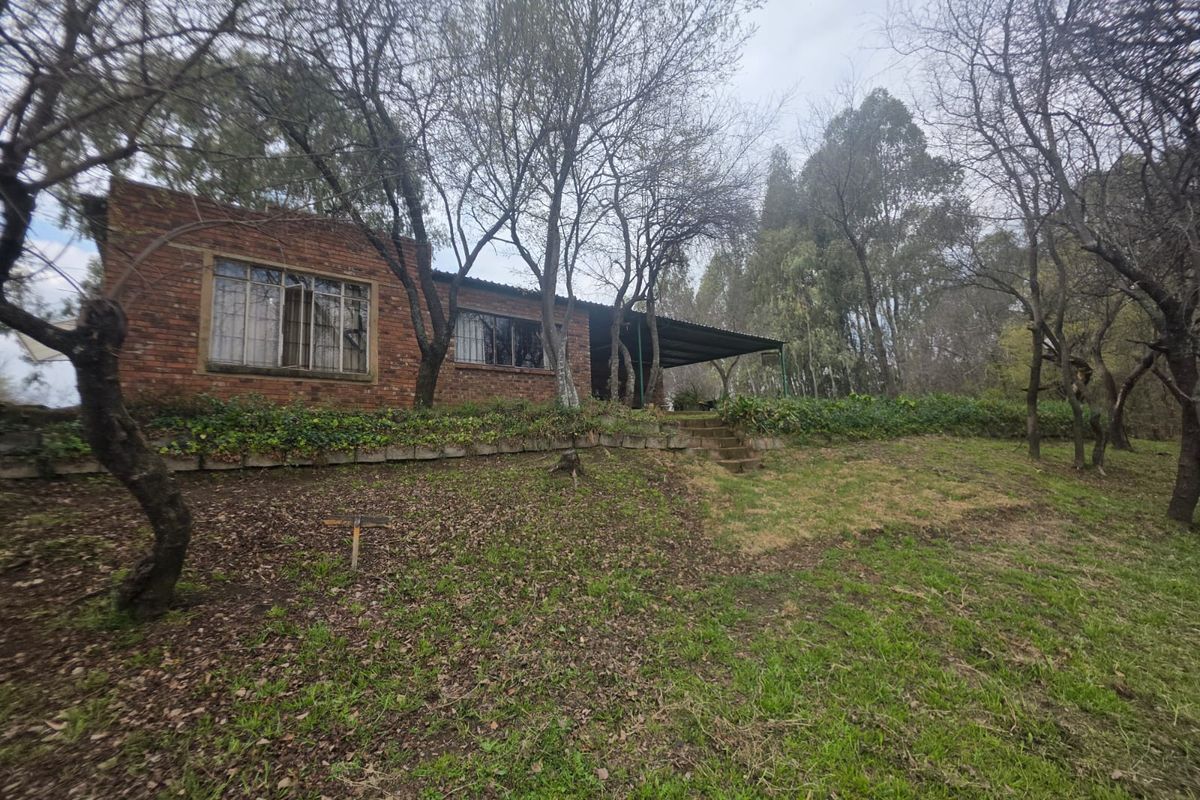 Rear view of a brick house featuring a covered patio area, set within a large, mature garden with established trees.