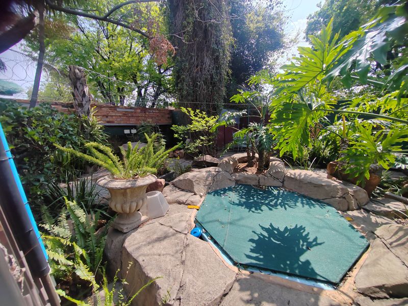 A garden pool area featuring a rock-surround pool with a cover, set within a lush, established garden with brick boundary walls and electric fencing.