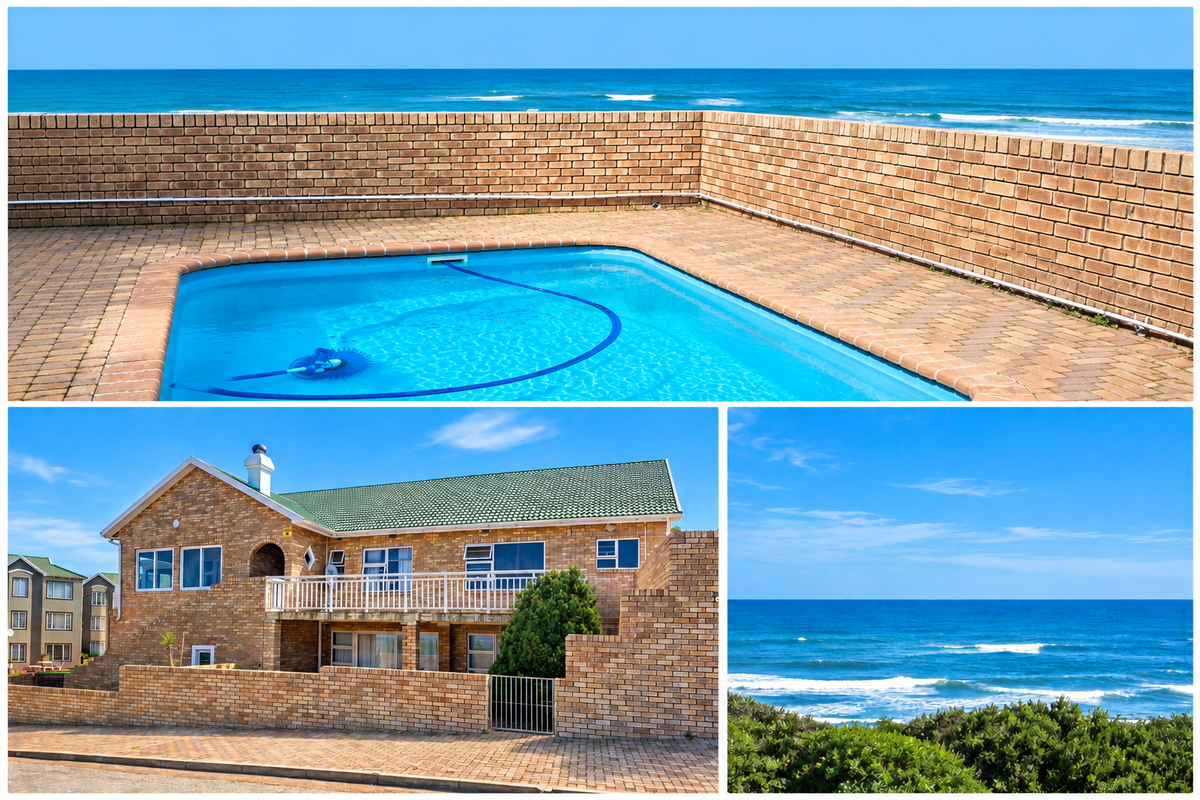 A multi-panel view of a coastal property featuring a swimming pool, brick exterior, and direct ocean views.