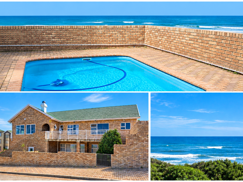 A multi-panel view of a coastal property featuring a swimming pool, brick exterior, and direct ocean views.