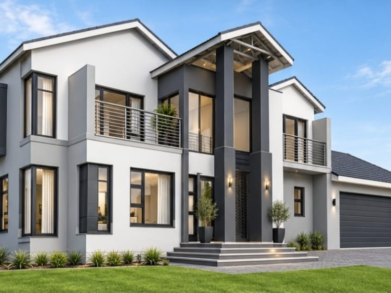 A modern two-story residential home featuring a double garage, balcony, and contemporary architectural design with a paved driveway and landscaped front garden.