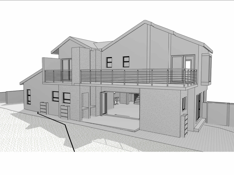 A 3D architectural rendering of the rear elevation, featuring a spacious balcony, ground-floor patio area, and integrated outdoor braai facility.