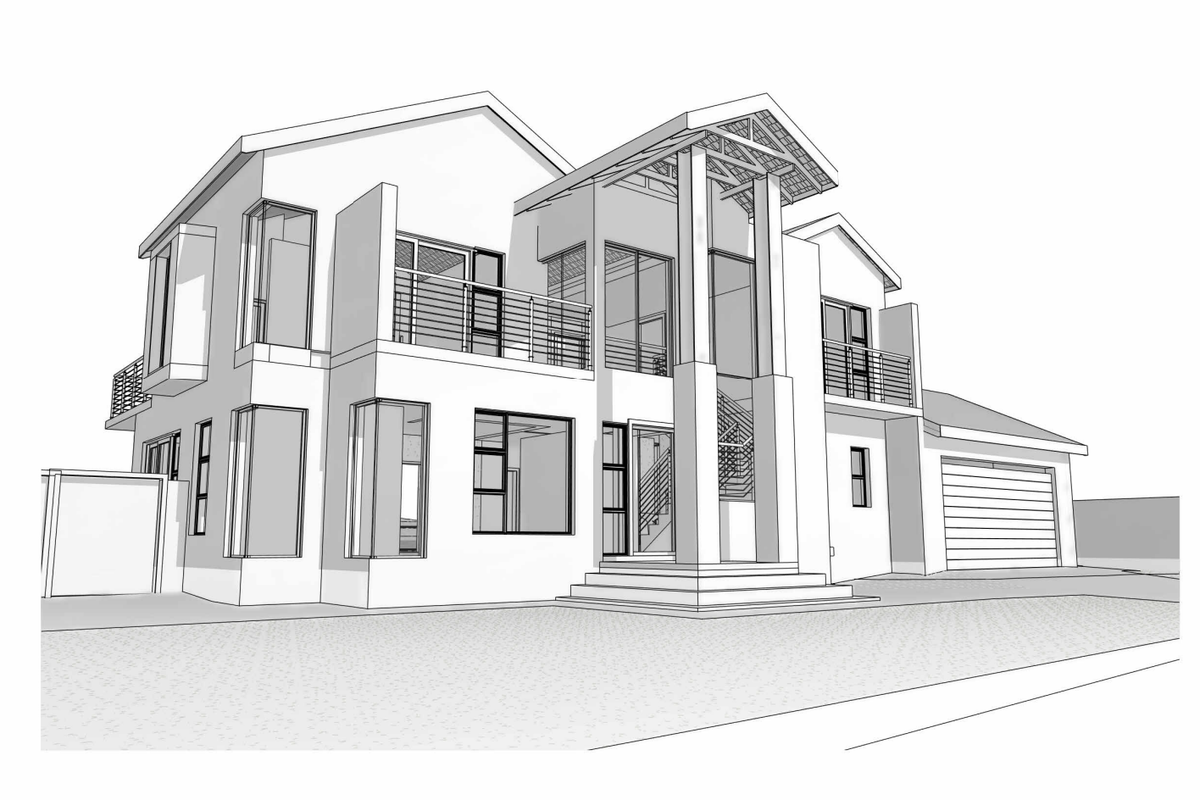 Architectural rendering of a modern double-storey house featuring a prominent entrance, balcony, and integrated garage.