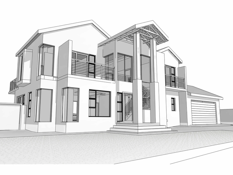 Architectural rendering of a modern double-storey house featuring a prominent entrance, balcony, and integrated garage.