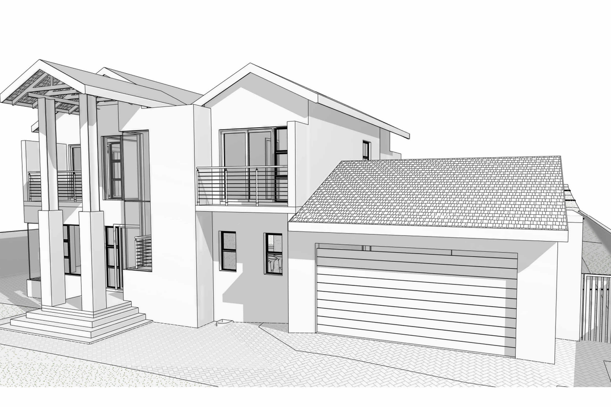 A 3D architectural rendering of a modern double-story house featuring a double garage, balcony, and paved driveway.